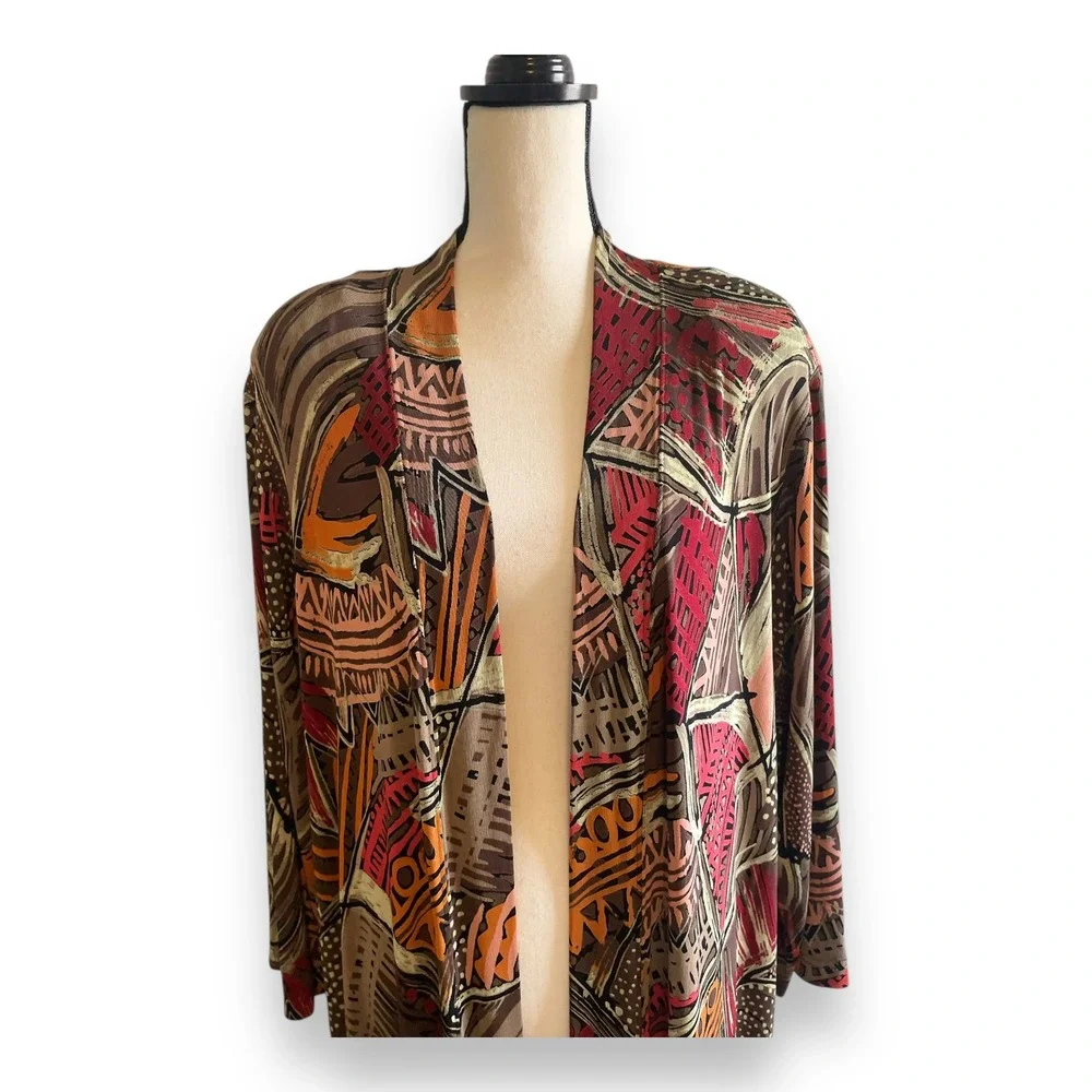 Vikki Vi Womens 2X Duster Cardigan Abstract Geometric Open Front Longline USA
